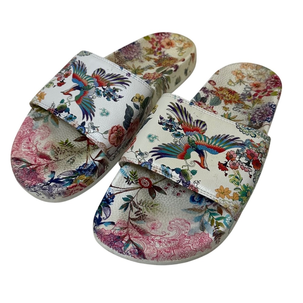Johnny Was Dreamer Pool Slide Sandals White Floral Crane Print Womens 9M